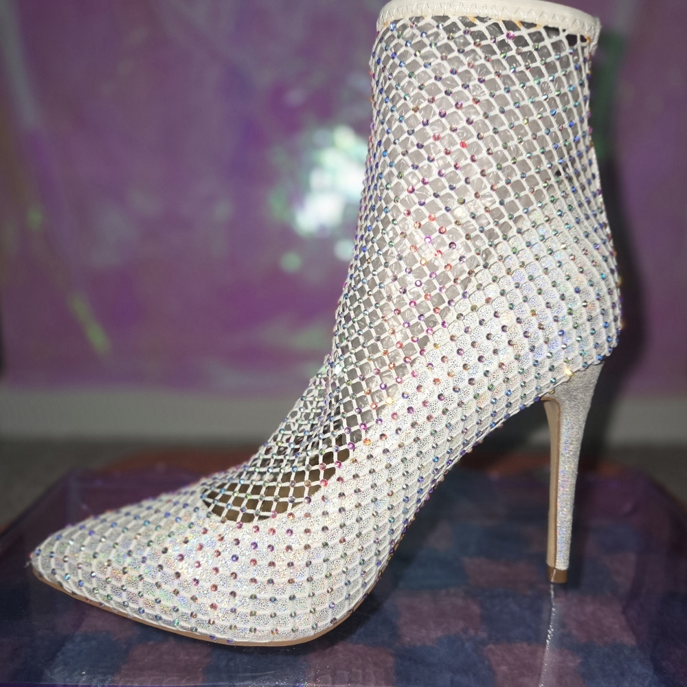 Silver Iridescent Rhinestone Fishnet Heel - Size 9
